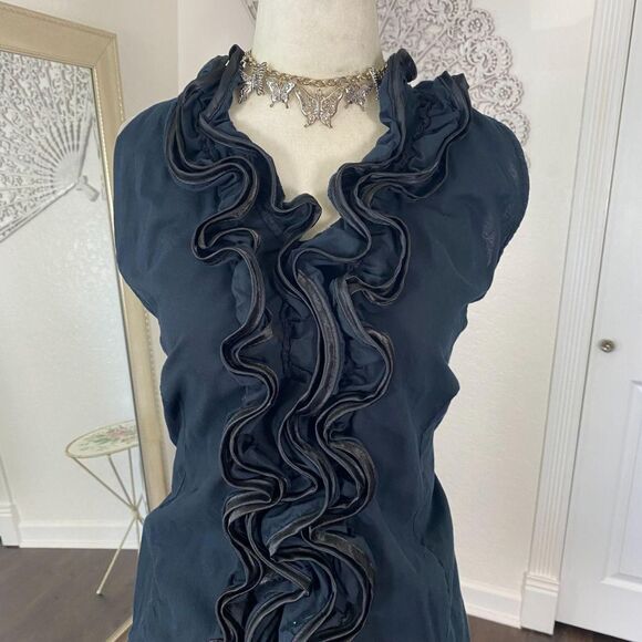 Early 2000's Black Cotton Ruffle Frilly Gothic Halter Top Plus Size 2X / XXL - Picture 4 of 7